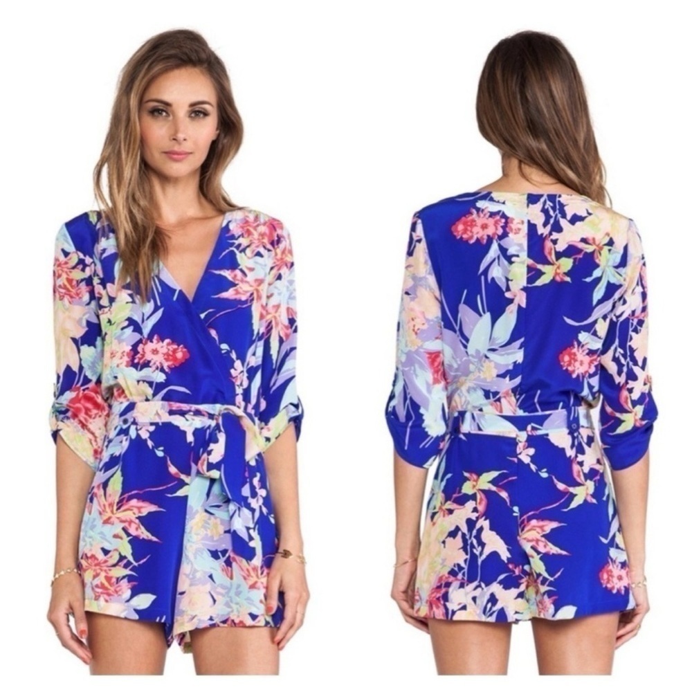 Yumi Kim Blue Floral Silk "Liz" Romper 3/4 Sleeve Silk With Pockets size xS